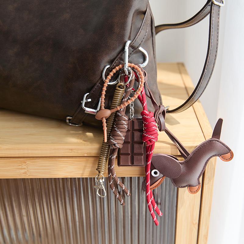 Dackel Gewebtes Seil Handgefertigte Tasche Rucksack Hängend Vintage PU Leder Quaste Handtasche Taschenanhänger CLE