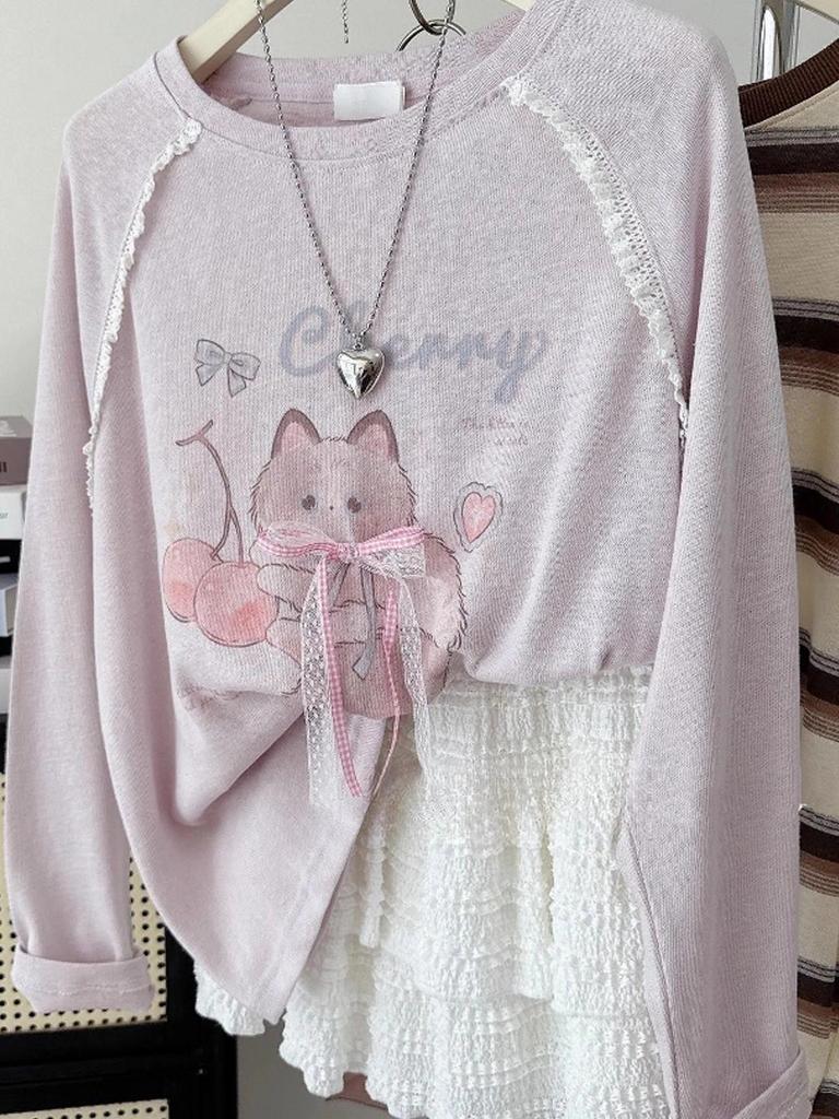 Plus Size Cherry Cat Cotton T-shirt with 3D Butterfly Design