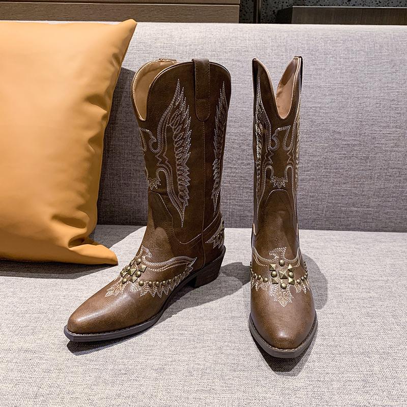 Fashion Studded Western Cowboy Boots Boots for Women Autumn Fashion Zip Embroidered Pointed Toe Shoes Chunky Heel Mid Calf Knight Boots