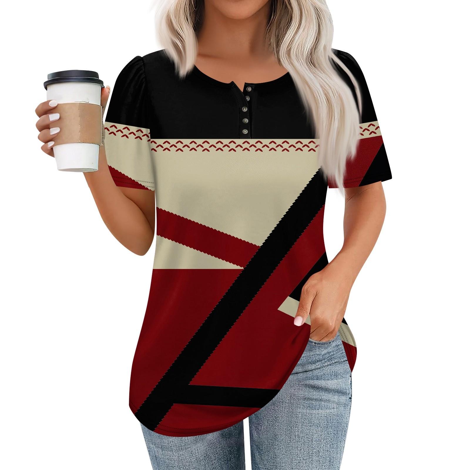 

Женский модный повседневный короткий рукав пуловер с принтом на пуговицах и круглым вырезом XXXL винный