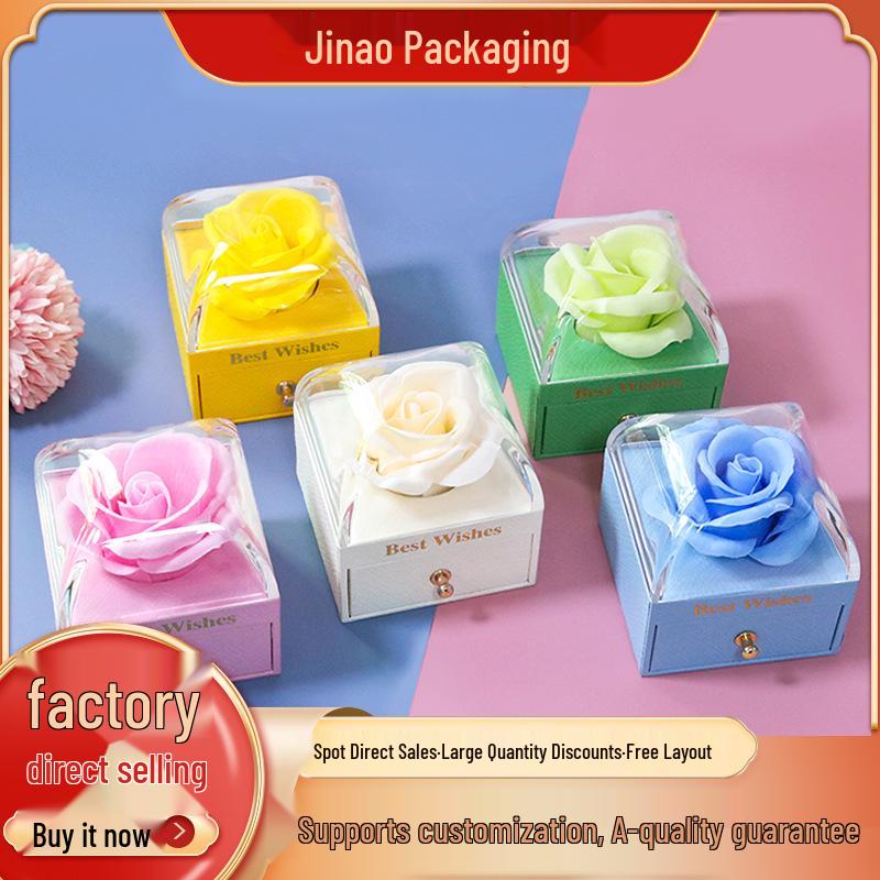 Macaron Color Jewelry Box with Soap Flower and Drawer - Holds Rings, Stud Earrings, and Necklace Pendants.