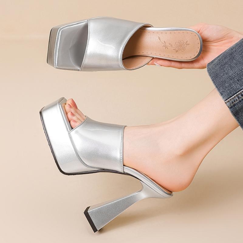 High Heels Women's Slippers Platform Summer Mules Shoes Ladies Sandals Peep toe Black Silver Outside Footwear Shoes Large Size