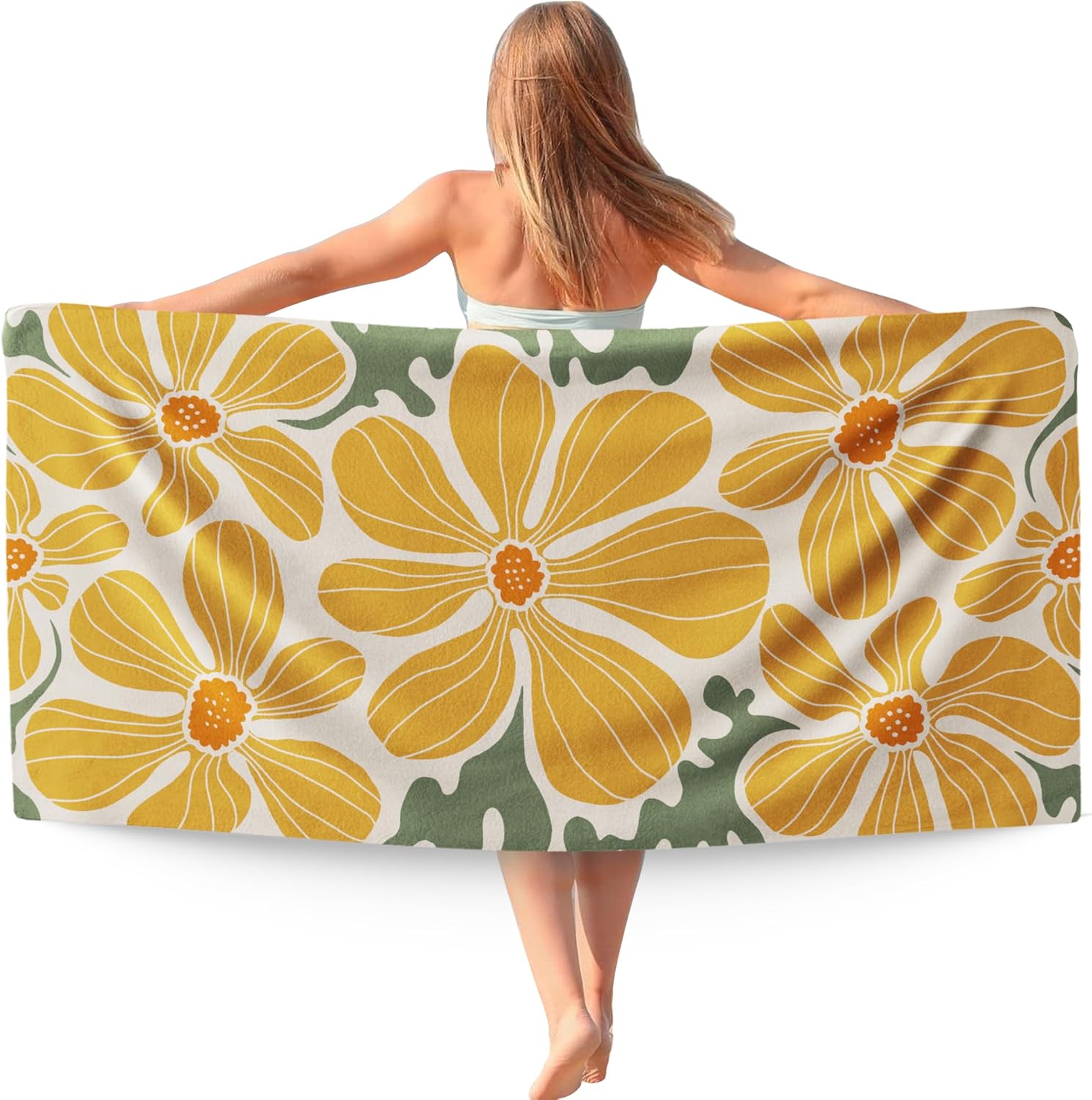 

Boho Floral Flowers Beach Towel, Boho Botanical Beach Towels Oversized Gifts for Women, Abstract Groovy Beige Flower Quick Dry W30*H60(CM)
