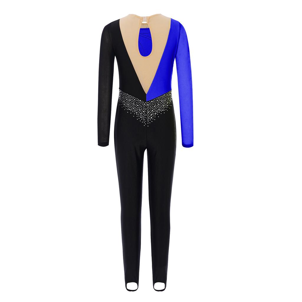 Mädchen Gymnastikkostüm Langarm Mesh Patchwork mit glänzenden Strasssteinen Schlüssellochrücken Tanz Jumpsuit