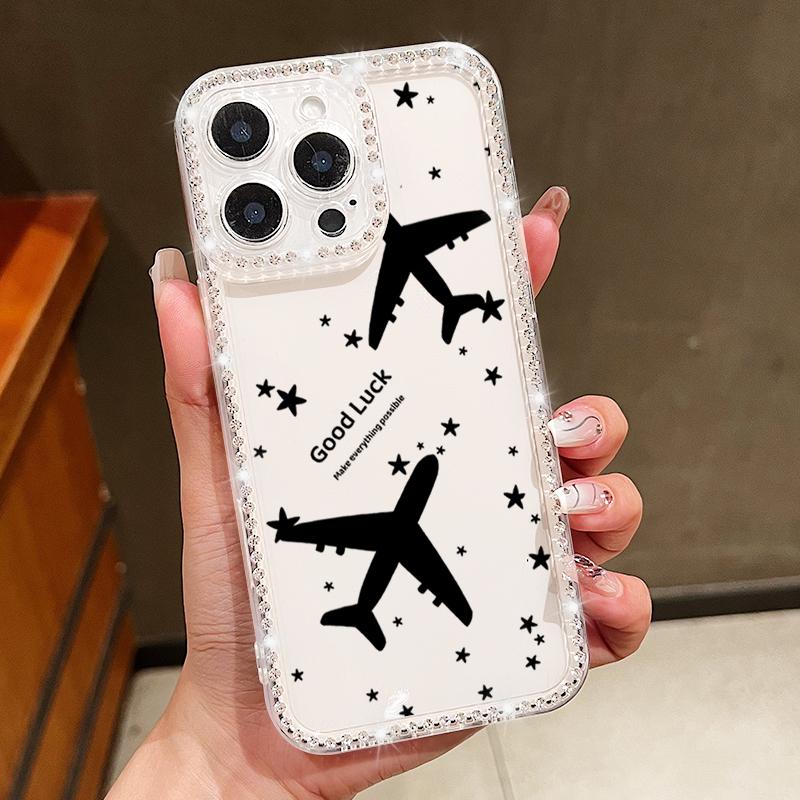 Airplane Travel Label Diamond Case For iPhone 16 Pro Max Coque iPhone 11 12 13 14 15 17 Pro Max 16E 17 Air Clear TPU Soft Cover