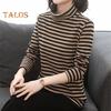 Women Bottoming Tops High Collar Long Sleeve Thickened Velvet Lining Pullover Tops Striped Print Tee Tops