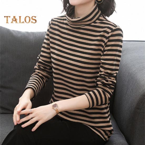 Women Bottoming Tops High Collar Long Sleeve Thickened Velvet Lining Pullover Tops Striped Print Tee Tops