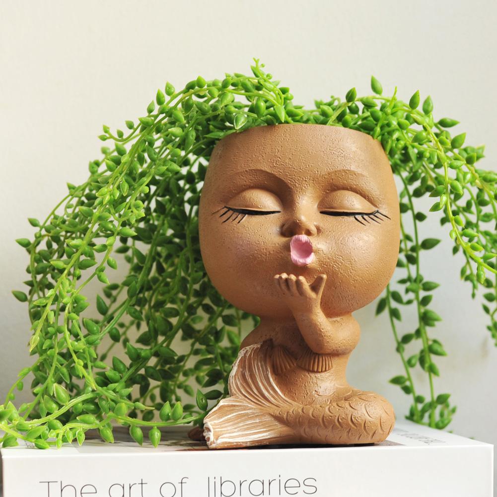 Face Planter Pots Cactus Succulent Planter Resin Closed Eyes  Face Flower Pot With Drainage Hole For Indoor Outdoor