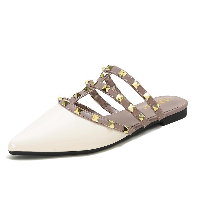 

Большие размеры сандалии на плоской подошве женские летние лакированные кожаные французские туфли с заклепками и заклепками 43 абрикосовый