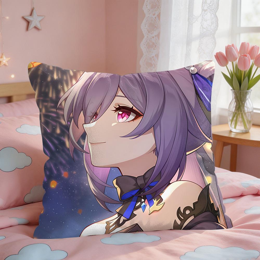Keqing Genshin Impact Cushion Cover Square Short Plush Pillow Case Living Room Sofa Home Decor Funda X