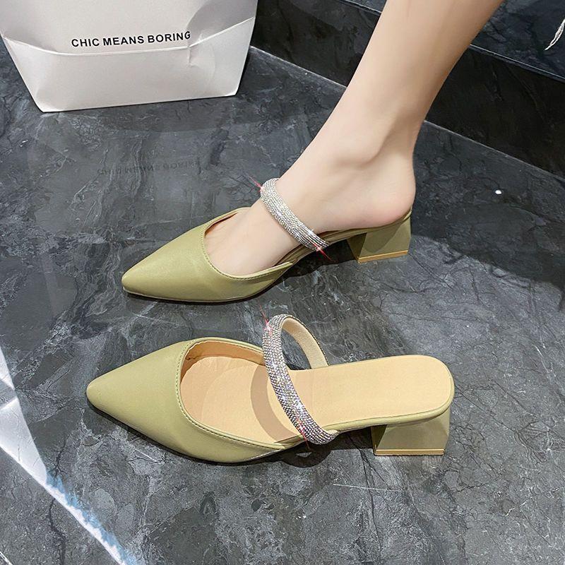 Soft bottom breathable rhinestone high heel thin heel cool slippers women's 2025 summer new outer wear bag head half slippers foreign style comfortabl