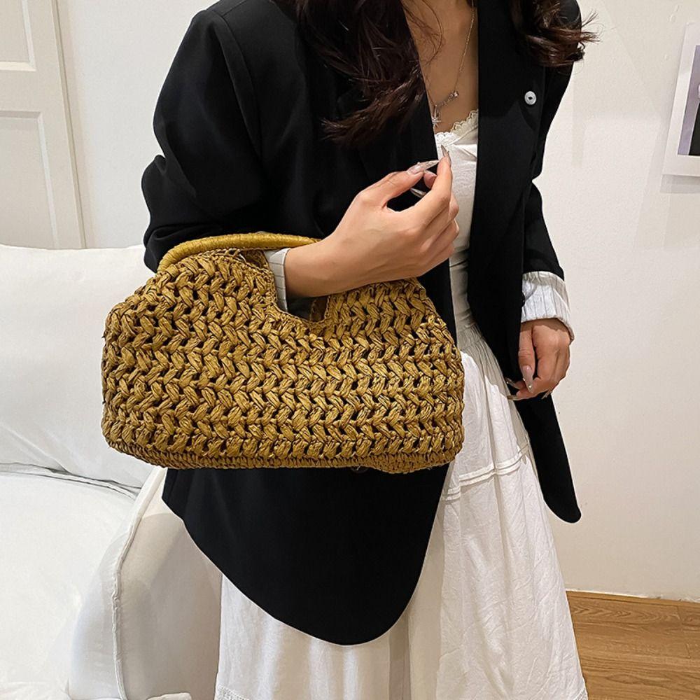 Half-Moon Straw Bag Large Capacity Weave Tote Bag Casual Woven Handbag  Beach