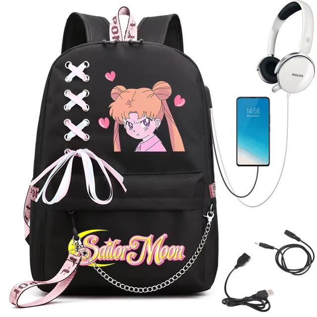 Sailor Moon Printed Student Backpack Ribbon Shoulder Bag Girls School Travel Backpack Large Capacity School Bag