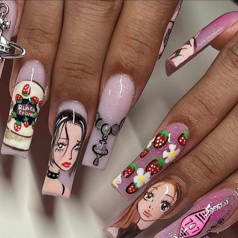 24 Stuks Herbruikbare Zelfklevende Nepnagels French Lang Ballet Roze Roos Contrast Lijn Press On Nagels