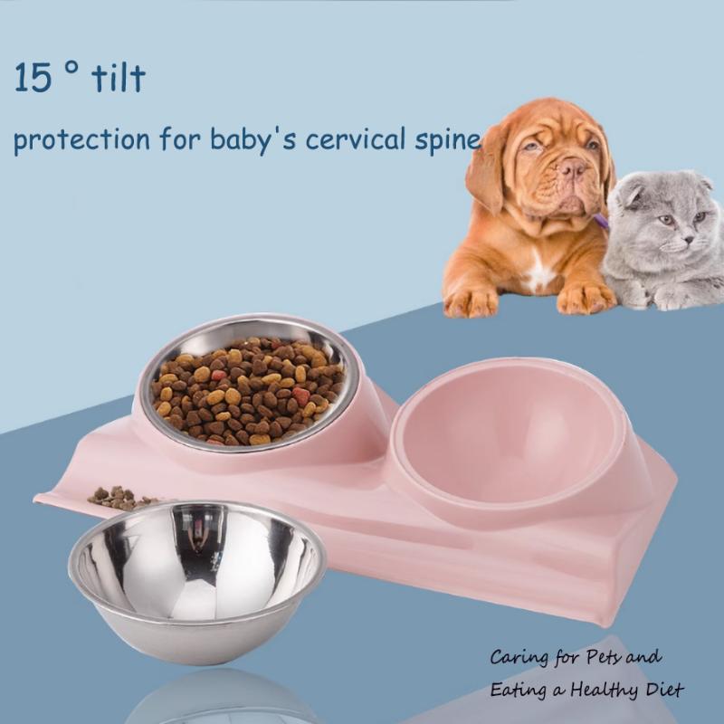 

Наклон двойной миски для собак Кошачья миска Домашние животные Нержавеющая сталь Защита шеи Поилка для воды Прекрасная миска для кормления Кошачьи принадлежности