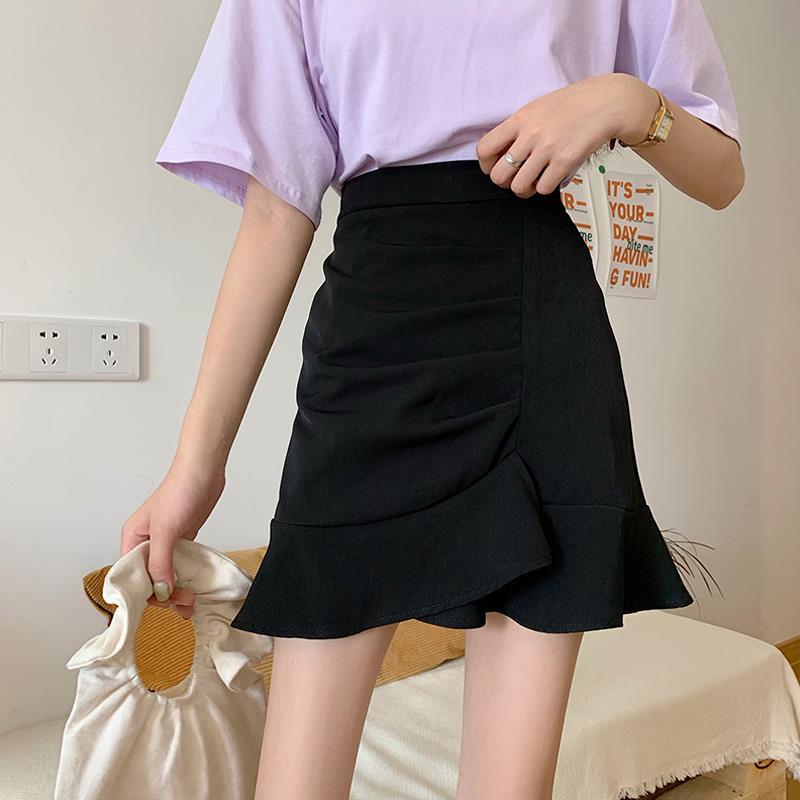 Irregular High Waist Skirts for Female Summer New Korean Fashion All-match Bag Hip A-Line Solid Color Ruffles Spliced Mini Skirt