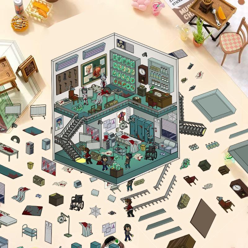 Kreslené krajinné samolepky Vícenásobný miniaturní svět 3D chata Rozbalit DIY scéna Ruční příspěvek