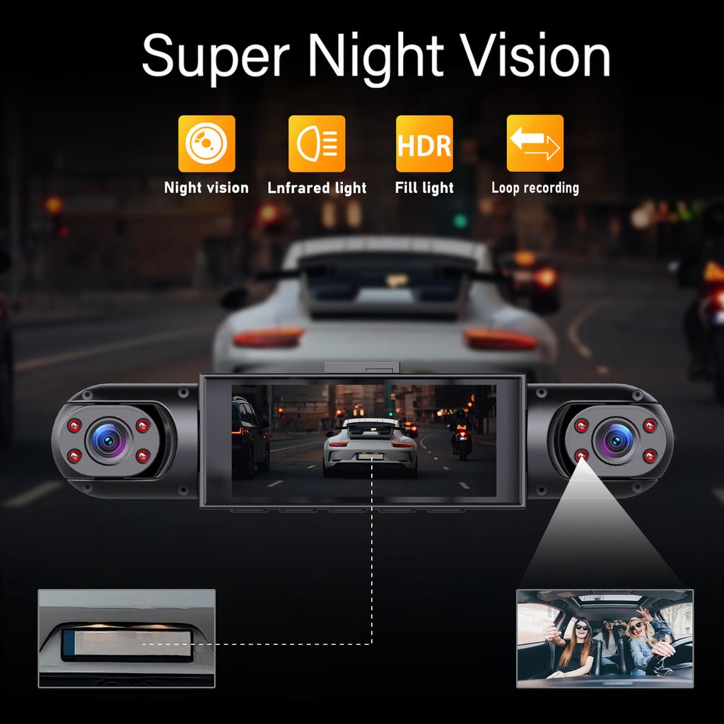 1080P HD dashcam with 360° all-around coverage, featuring four built-in cameras front and rear. Equipped with infrared night vis