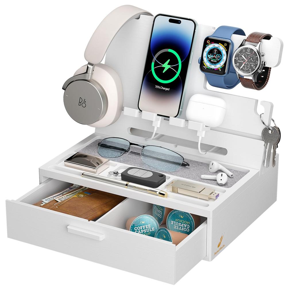 Pezin & Hulin Bamboo Desk Organizer with Smartphone Stand, Multifunctional Desk Storage Box with Drawer, Convenient Gadget Holder, Tablet Holder,