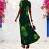 Women Plus Size V Neck Short Sleeve Dark Green Clover Printed Long Dress