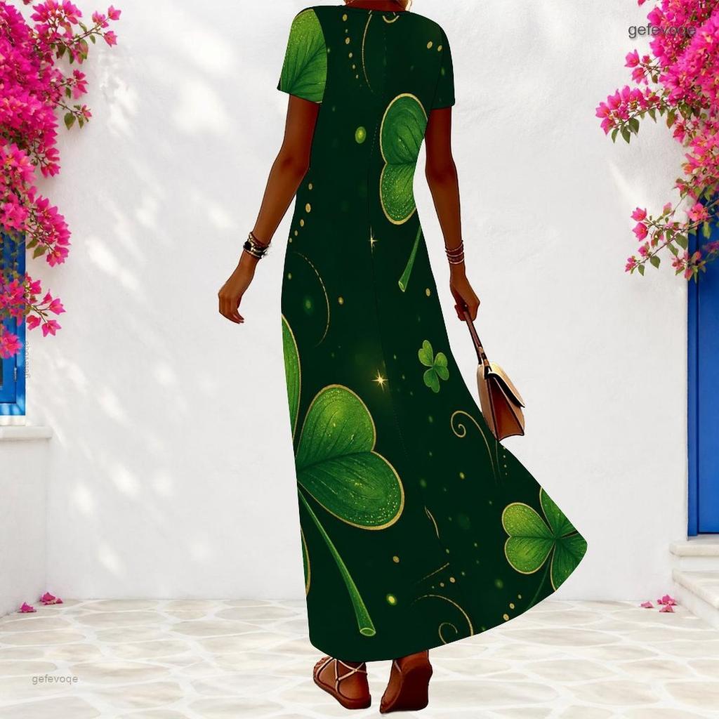 Women Plus Size V Neck Short Sleeve Dark Green Clover Printed Long Dress