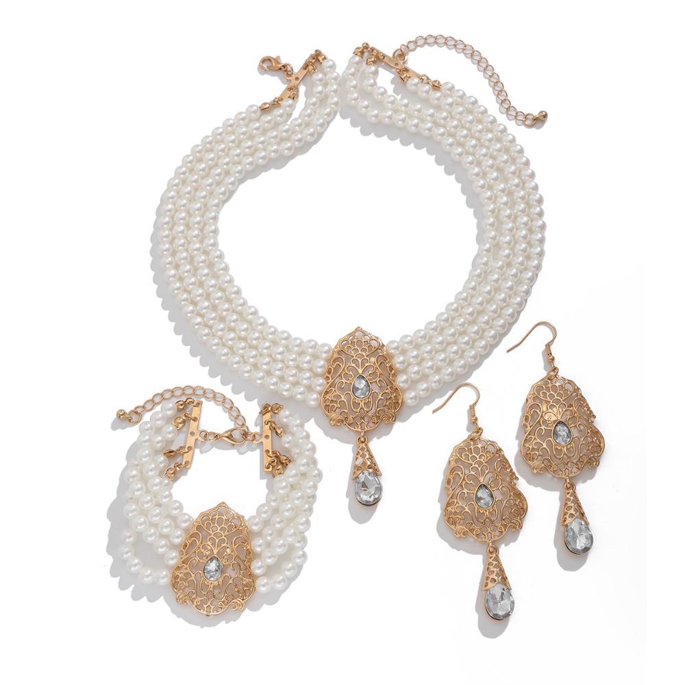 Baroque Style Pearl Beaded Bracelet Multilayer Necklace Earring Set  Lady