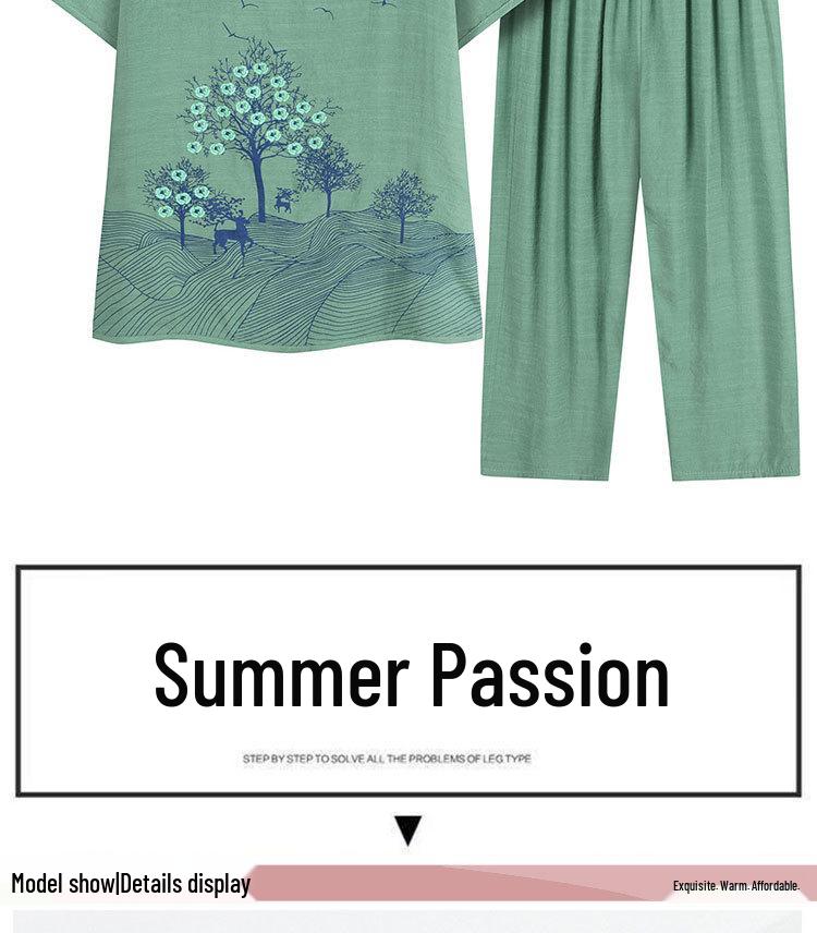 Grandma's Summer Short Sleeve Two-Piece Set: Floral Print, Round Neck, Loose Casual Top for Middle-Aged & Elderly Women