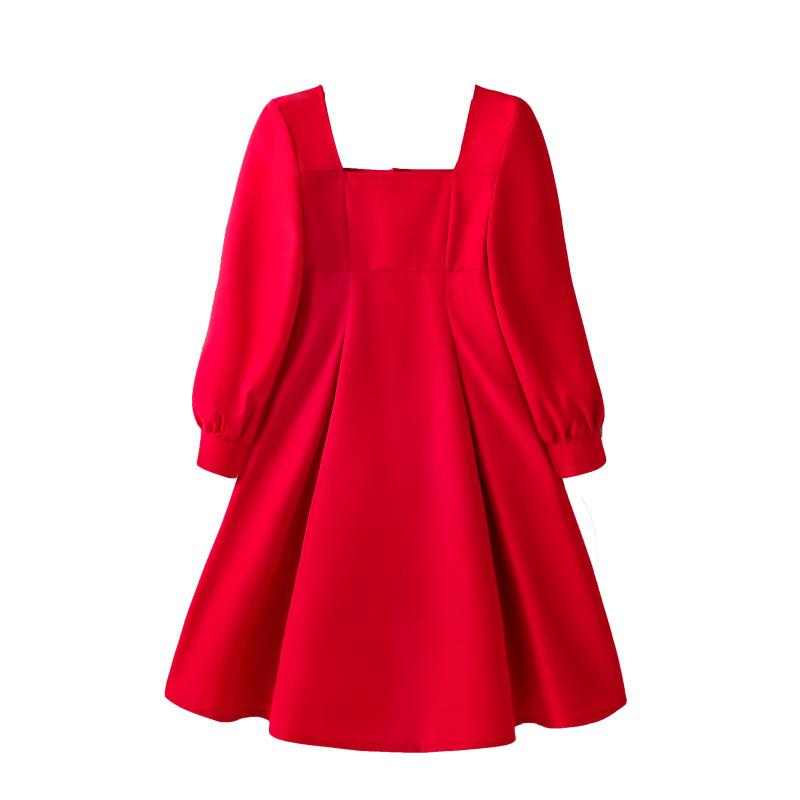 Girls' Fashionable Dress Autumn Elegant Square-neck Long-sleeved Dress for Children