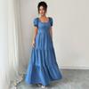 European and American style French square neck dress for women, bubble sleeves closed waist and thin layered large pendulum long A-shaped skirt
