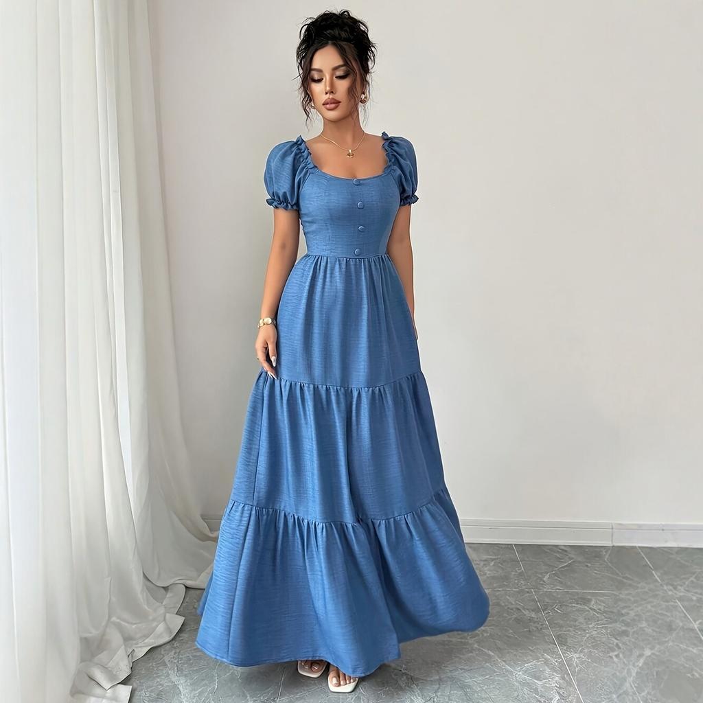 European and American style French square neck dress for women, bubble sleeves closed waist and thin layered large pendulum long A-shaped skirt