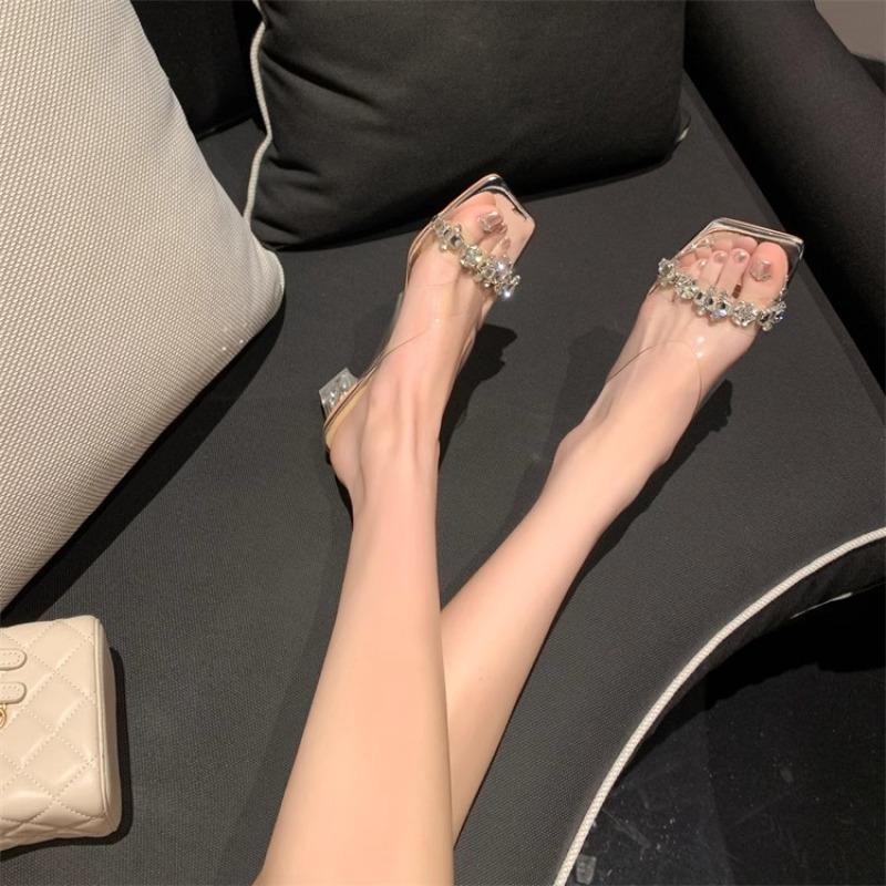 Show leg length~ silver rhinestone transparent sequin thick high-heeled sandals 2025 summer new crystal cool slippers