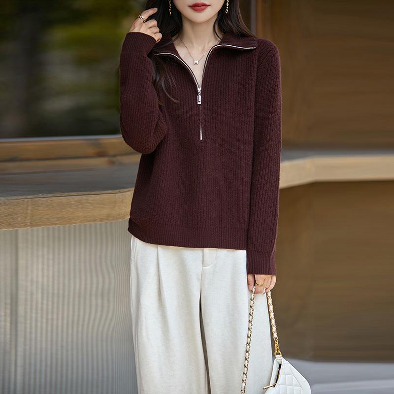 Women's Half-Zip Pure Wool Sweater - Stylish Loose-Fit Autumn Knit Top