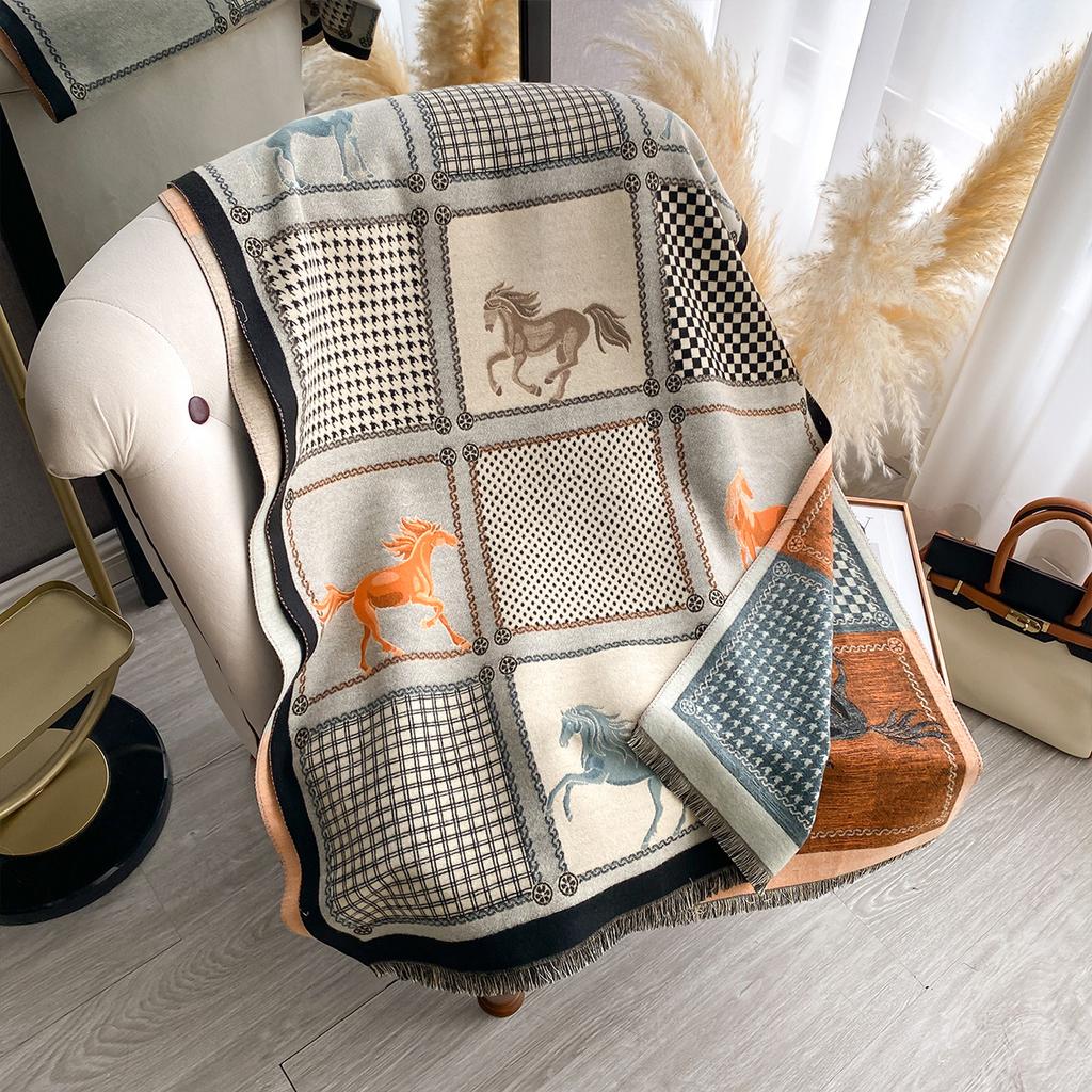 New Women Imitation Cashmere Two-Side Plaid Horse Print Scarf Soft Warm Pashmina Shawl Autumn Winter Coldproof Windproof Blanket
