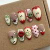 24PCS Vintage Green Plaid Almond Press On Nails Cute Fruit Bow Sweet Strawberry French Fake Nails for Women Girls Ins Nails Tips