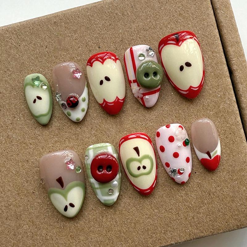 24PCS Vintage Green Plaid Almond Press On Nails Cute Fruit Bow Sweet Strawberry French Fake Nails for Women Girls Ins Nails Tips