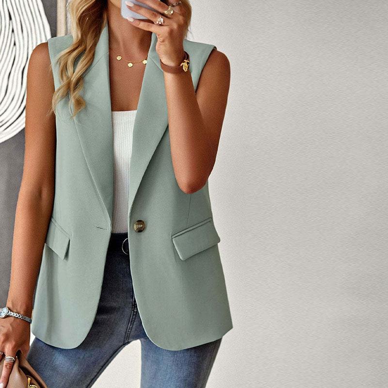 Ärmellose Blazerweste Voll gefüttert Ein Knopf Mode Lässig Offene Vorderseite Arbeitswesten Tops Dünne Oberbekleidung Taschen Frühling