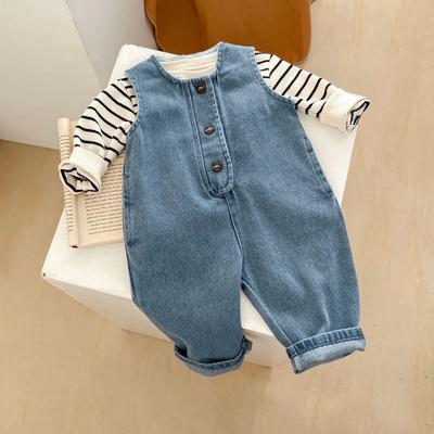 Spring Baby Denim Romper Set Infant Boy Girl Sleeveless Jumpsuit + Striped Tops 2pcs Suit Toddler Overalls Outfits