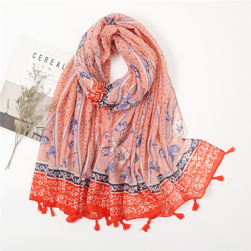 Women Autumn Spain Lovely Polka Floral Tassel Viscose Shawl High Quality Print Wrap Pashmina Stole Bufandas Muslim Hijab Snood