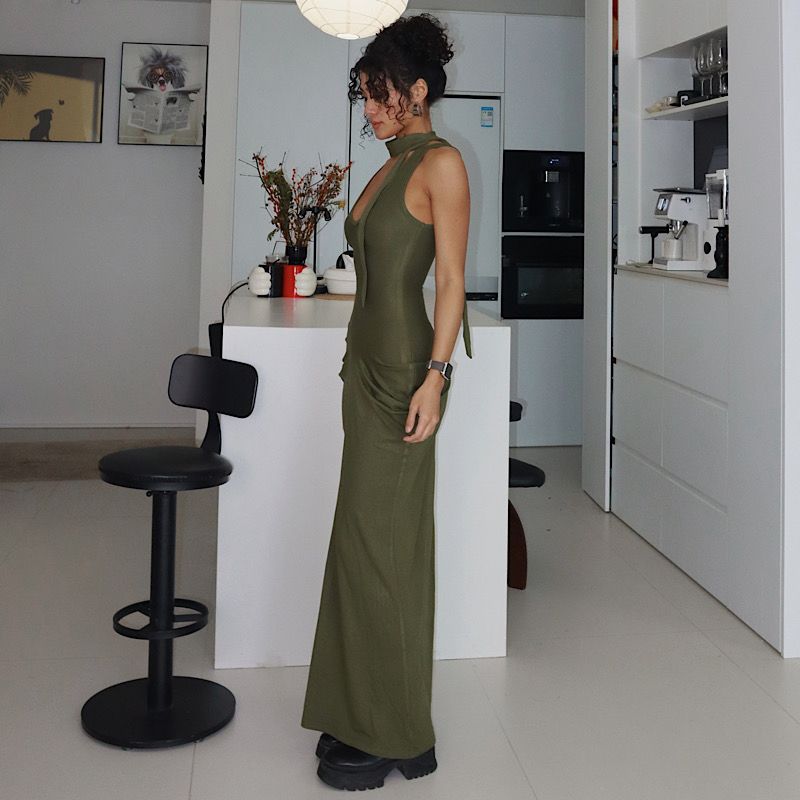 

Akiyo Studio European and American Sports Dress Women Slim fit Slimming Long sleeve dress Dress Yoga Clothes Army Green M