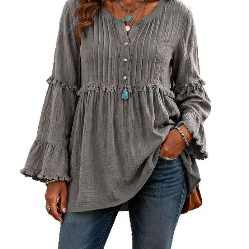 Women S Casual Loose V Neck Long Sleeve Blouse With Lace Trim