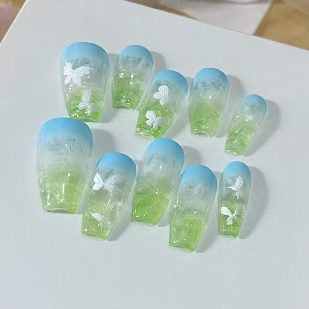 Fresh Blue-Green Gradient Butterfly Wearable Nails - Removable False Nail Art Tips
