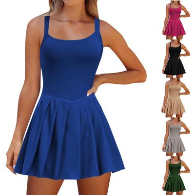 Women's  Solid Color Sleeveless Dress With Built-in Shorts And Sports Pocket Jumpsuit
