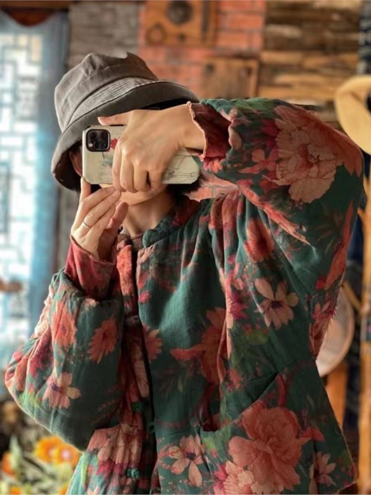 Johnature Frauen Vintage chinesischen Stil Baumwolle Kleidung Langarm Kragen lose Baumwolle Kleidung