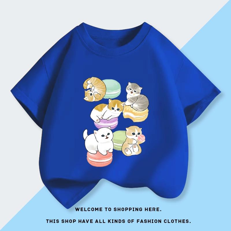 Trendy Frontline Zomerse mode Mofusand T-shirt met kattenprint voor kinderen, korte mouwen, puur katoen, nieuwe snoepkleuren, Koreaanse versie, casual top 130