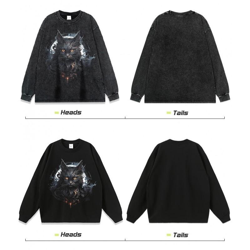 Unisex Oversized Cotton Hoodie With Black Cat Print Loose Fit Streetwear Long Sleeve Pullover
