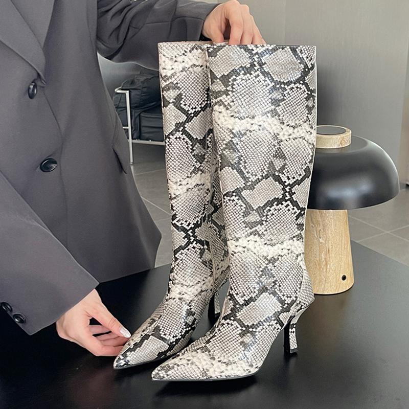 Móda Liyke Nová móda Dlouhé boty nad koleno na zip Designérské Dámské Kožené s kravským potiskem Špičatá špička Nízký tenký podpatek Společenské taneční boty Velikost 43