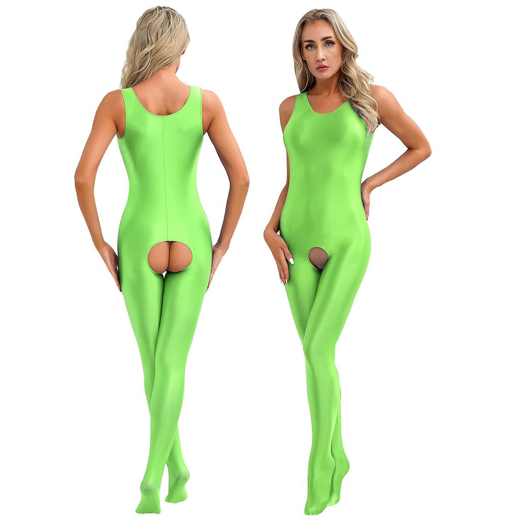 Dámské hladké body s plným krytím a otevřeným rozkrokem, body bez rukávů s U výstřihem, kombinéza s chodidly, lesklý strečový jednobarevný unitard, noční prádlo