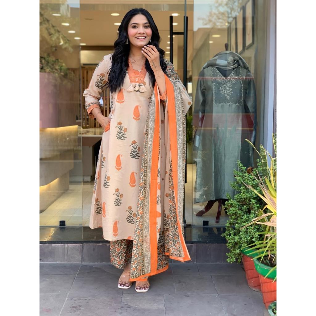 Beautiful Blockprinted Aline Kurta Palazzo Dupattas Set Indian Women's Kurti Set