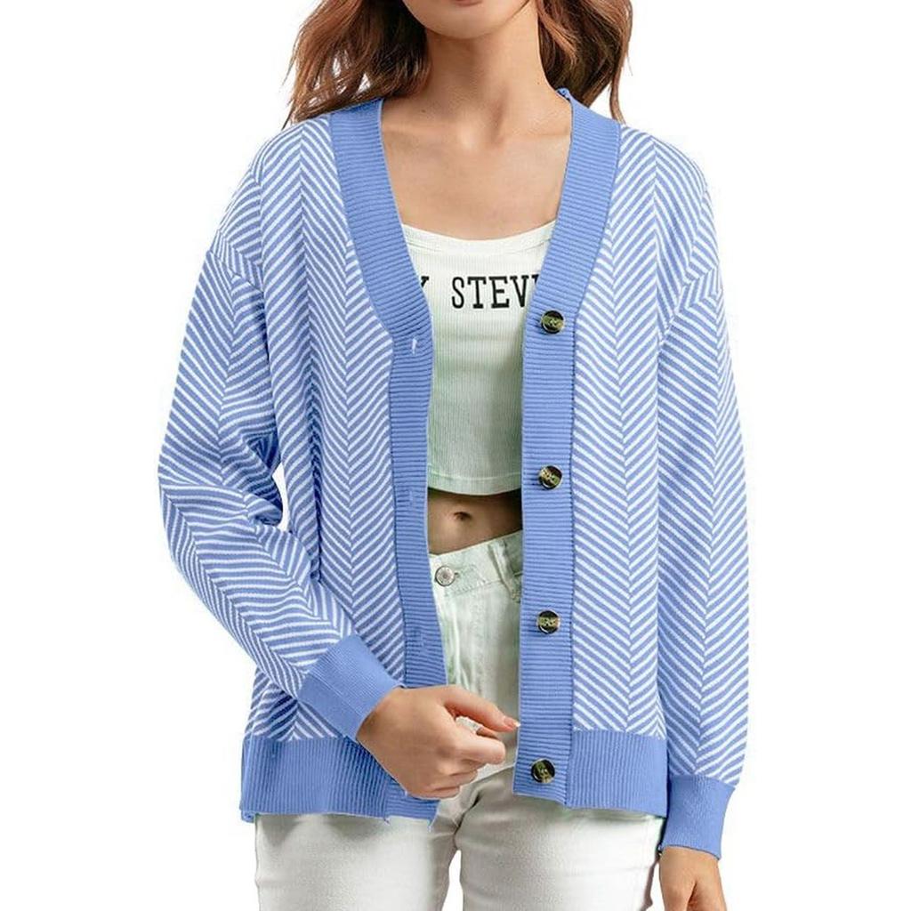Ladies' Casual Fashion Buckle V-neck Striped Knitted Cardigan Sweater Jacket