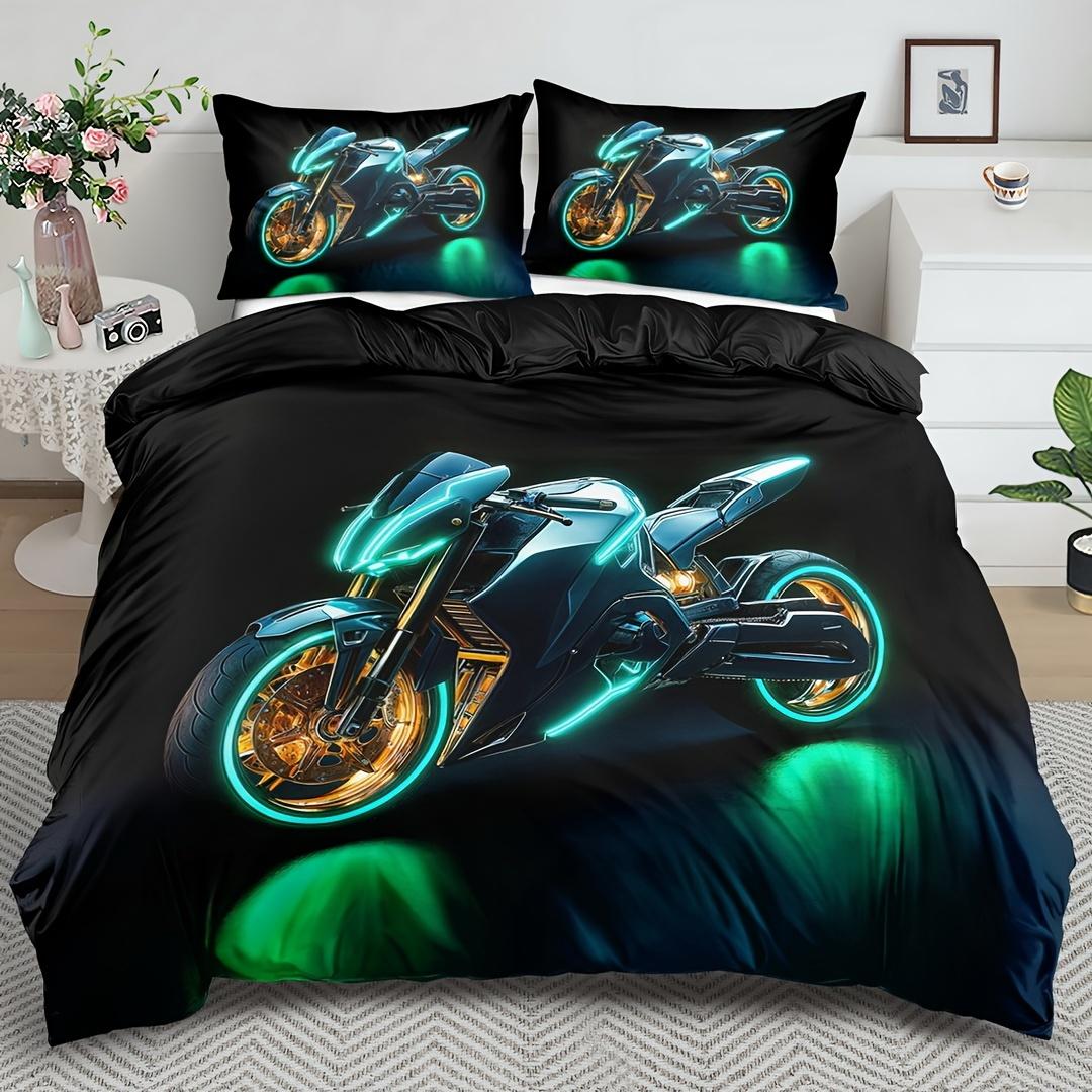 

Motorcycle Theme Duvet Cover Set - 2/3pcs, Soft Comfortable Breathable, Motorcycle Print Bedding Set, Green Motorcycle Print (135x200cm)